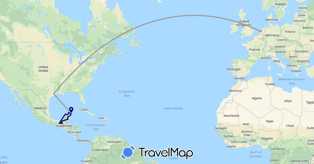 TravelMap itinerary: driving, plane in Mexico, Netherlands, United States (Europe, North America)